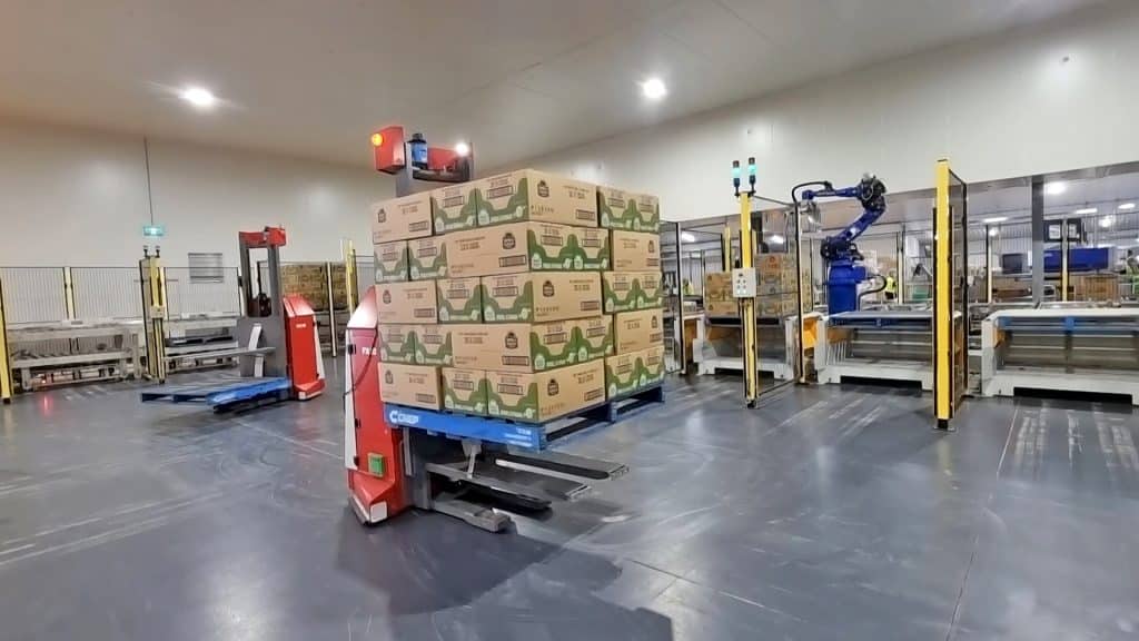 Robotic palletising line and AGVs